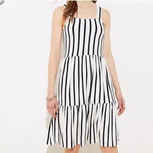 LOFT white and navy vertical striped tiered dress